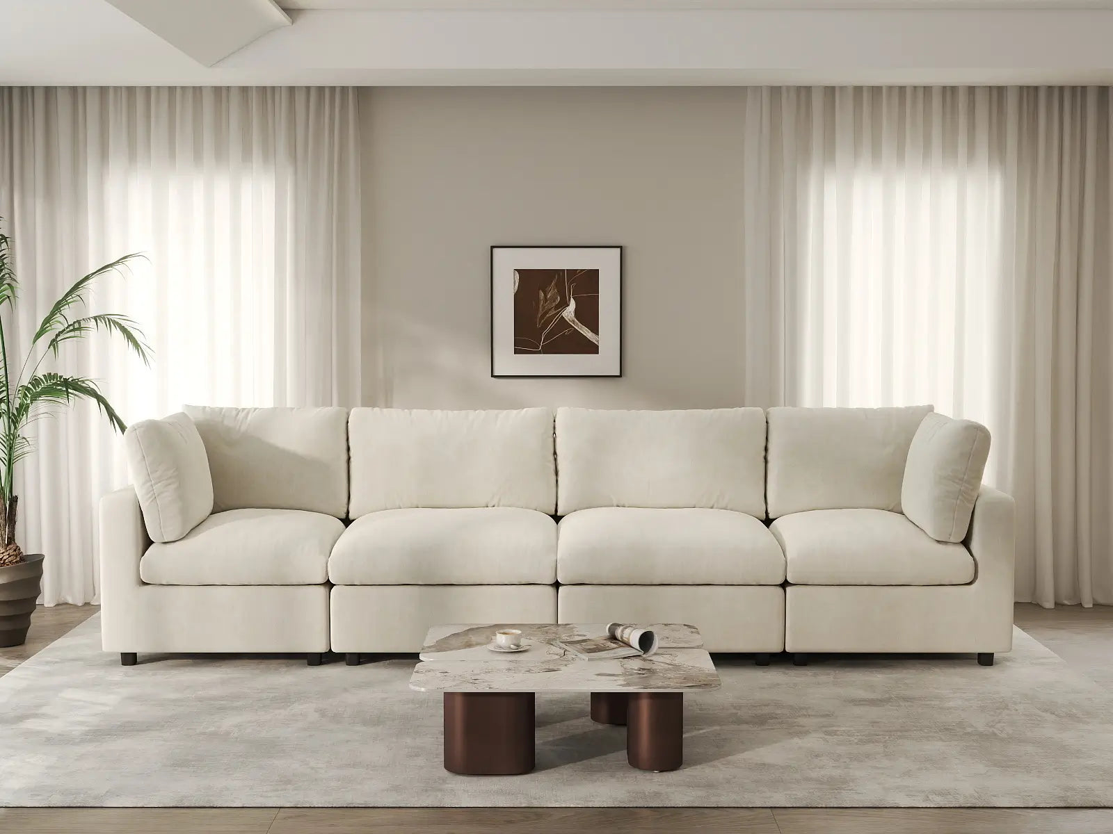 Seccional de sofá de 4 plazas extragrande Deluxe Cloud en beige | 4 piezas, tela de chenilla de mezcla de lino, fácil de limpiar