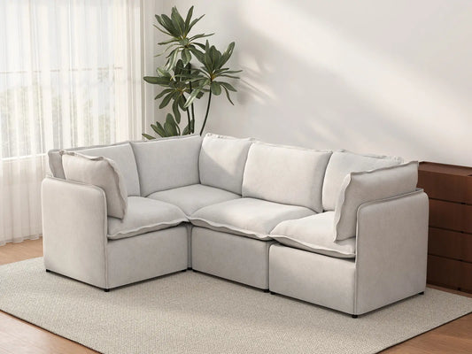 Deluxe Cloud 4-Seater Beige Large Space L-Shaped Sectional | 4-Piece, Linen Look Poly Fabric, Easy To Clean