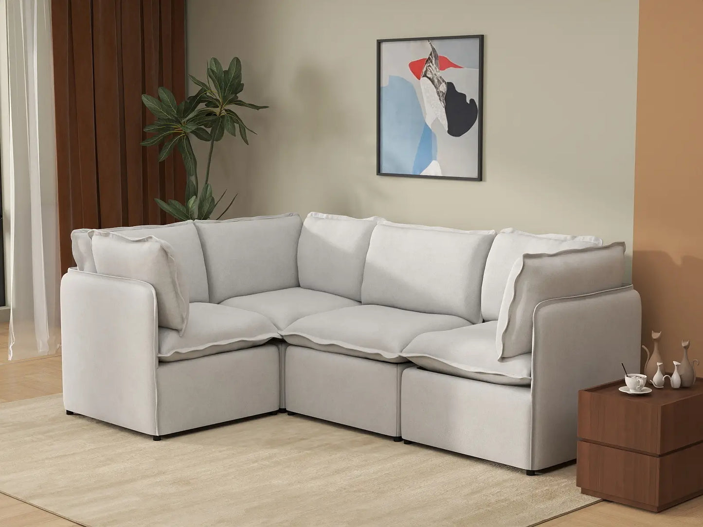 Deluxe Cloud 4-Seater Beige Large Space L-Shaped Sectional | 4-Piece, Linen Look Poly Fabric, Easy To Clean