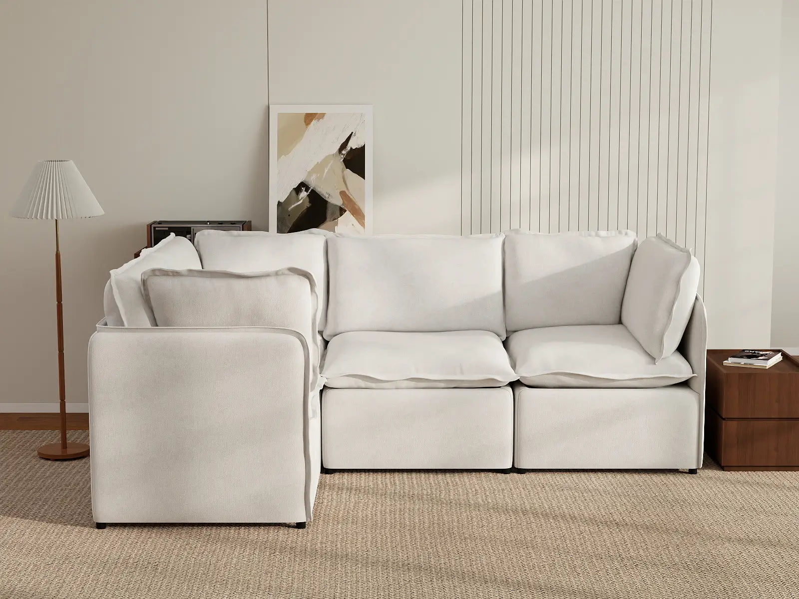 Deluxe Cloud 4-Seater Beige Large Space L-Shaped Sectional | 4-Piece, Linen Look Poly Fabric, Easy To Clean