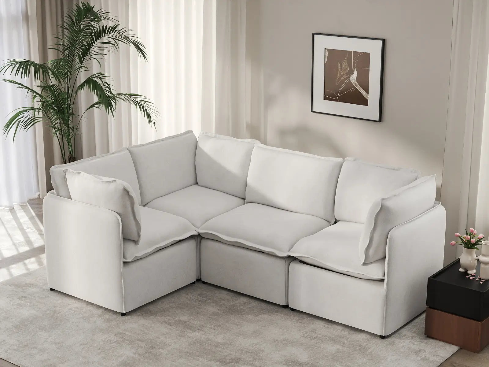 Deluxe Cloud 4-Seater Beige Large Space L-Shaped Sectional | 4-Piece, Linen Look Poly Fabric, Easy To Clean