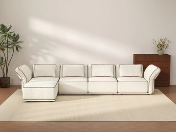 Deluxe Cloud 4-Seater Beige Large Space L-Shaped Sectional | 5-Piece (Includes 1 Ottoman), Bouclé Sherpa-Like Fabric, Easy To Clean