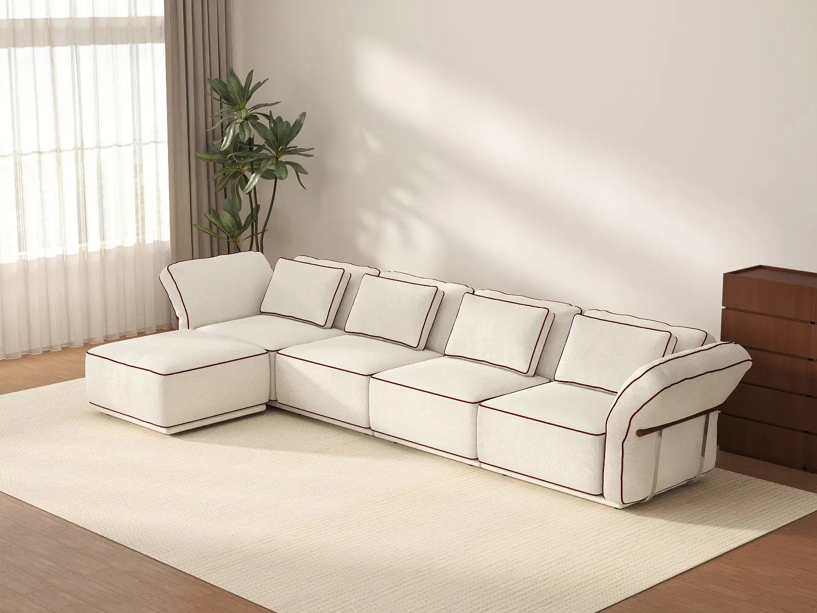 Deluxe Cloud 4-Seater Beige Large Space L-Shaped Sectional | 5-Piece (Includes 1 Ottoman), Bouclé Sherpa-Like Fabric, Easy To Clean