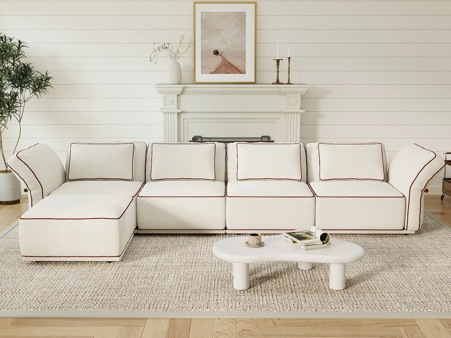 Deluxe Cloud 4-Seater Beige Large Space L-Shaped Sectional | 5-Piece (Includes 1 Ottoman), Bouclé Sherpa-Like Fabric, Easy To Clean