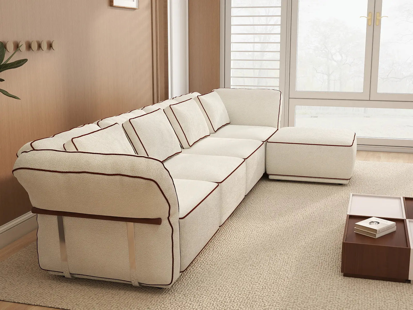 Deluxe Cloud 4-Seater Beige Large Space L-Shaped Sectional | 5-Piece (Includes 1 Ottoman), Bouclé Sherpa-Like Fabric, Easy To Clean