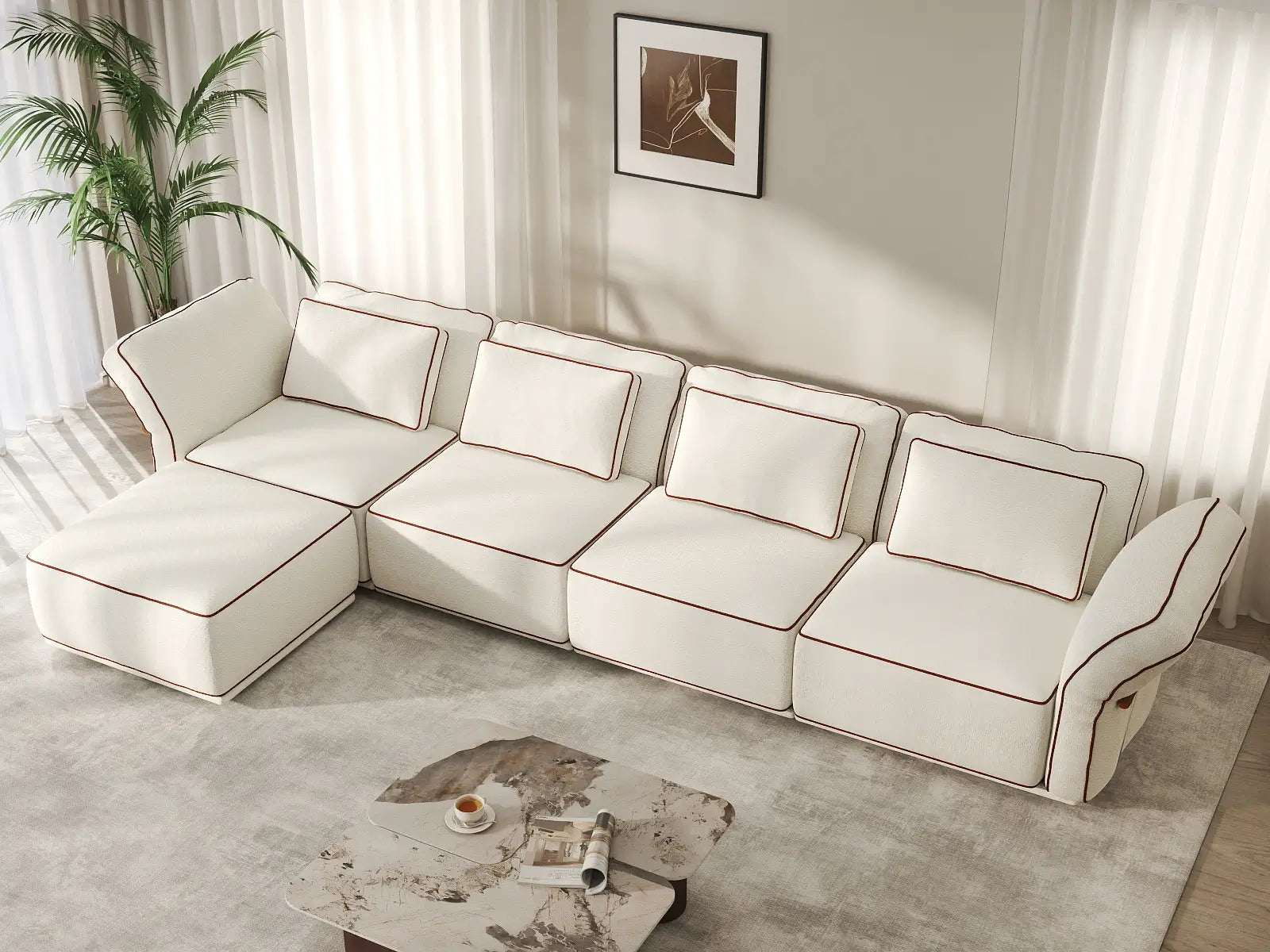 Deluxe Cloud 4-Seater Beige Large Space L-Shaped Sectional | 5-Piece (Includes 1 Ottoman), Bouclé Sherpa-Like Fabric, Easy To Clean