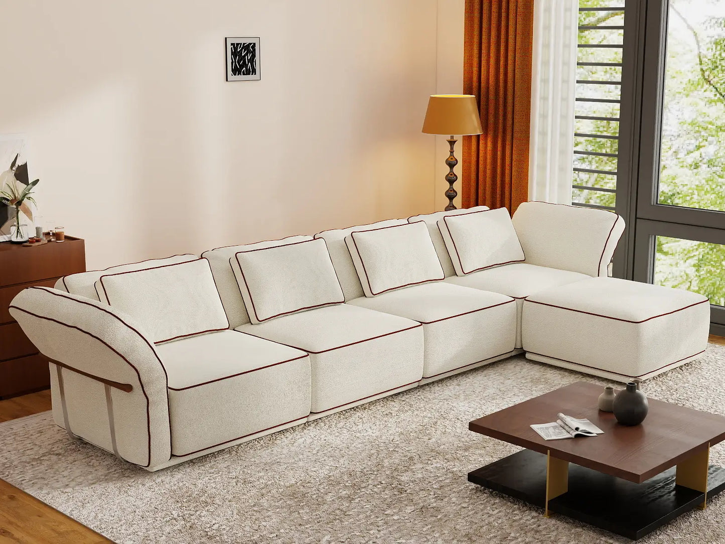 Deluxe Cloud 4-Seater Beige Large Space L-Shaped Sectional | 5-Piece (Includes 1 Ottoman), Bouclé Sherpa-Like Fabric, Easy To Clean