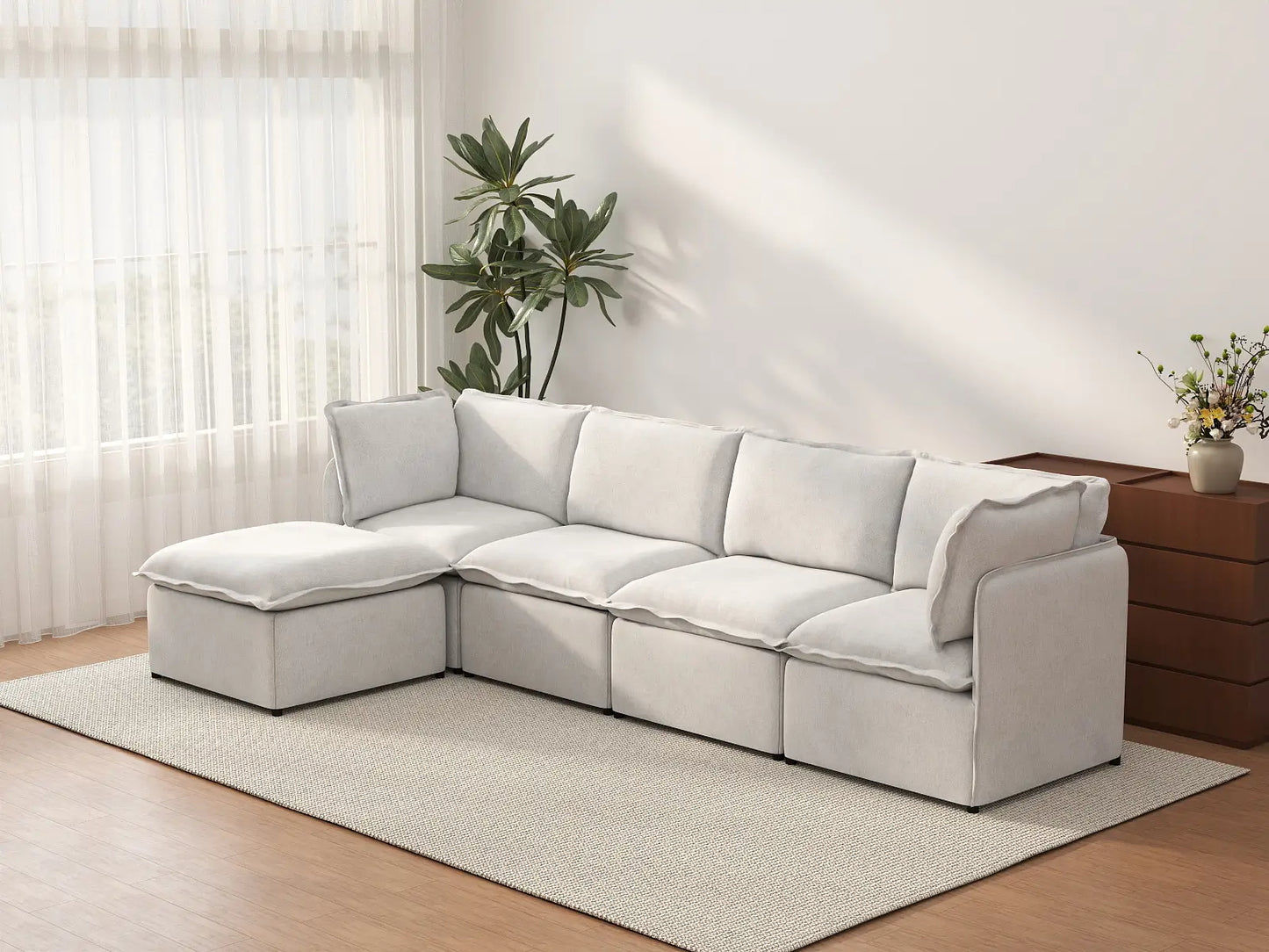 Deluxe Cloud 4-Seater Beige Large Space L-Shaped Sectional | 5-Piece (Includes 1 Ottoman), Linen Look Poly Fabric, Easy To Clean