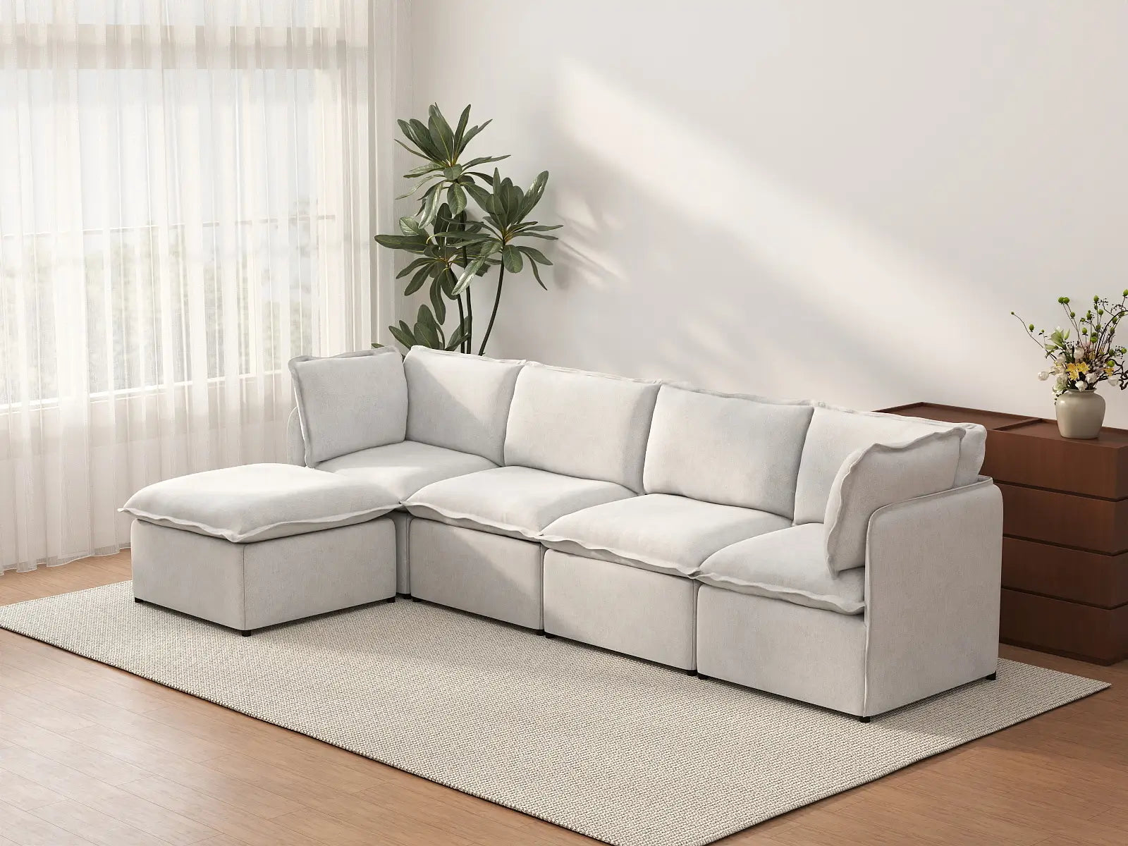 Deluxe Cloud 4-Seater Beige Large Space L-Shaped Sectional | 5-Piece (Includes 1 Ottoman), Linen Look Poly Fabric, Easy To Clean