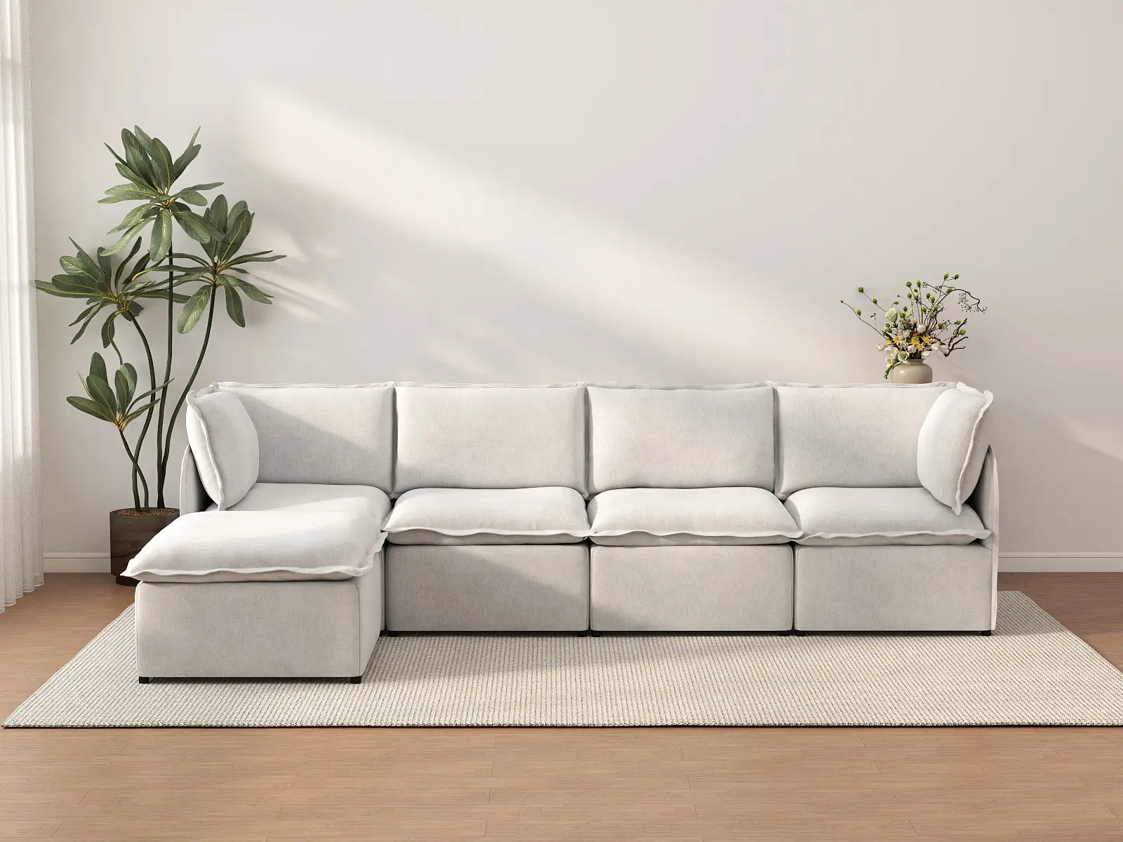 Deluxe Cloud 4-Seater Beige Large Space L-Shaped Sectional | 5-Piece (Includes 1 Ottoman), Linen Look Poly Fabric, Easy To Clean