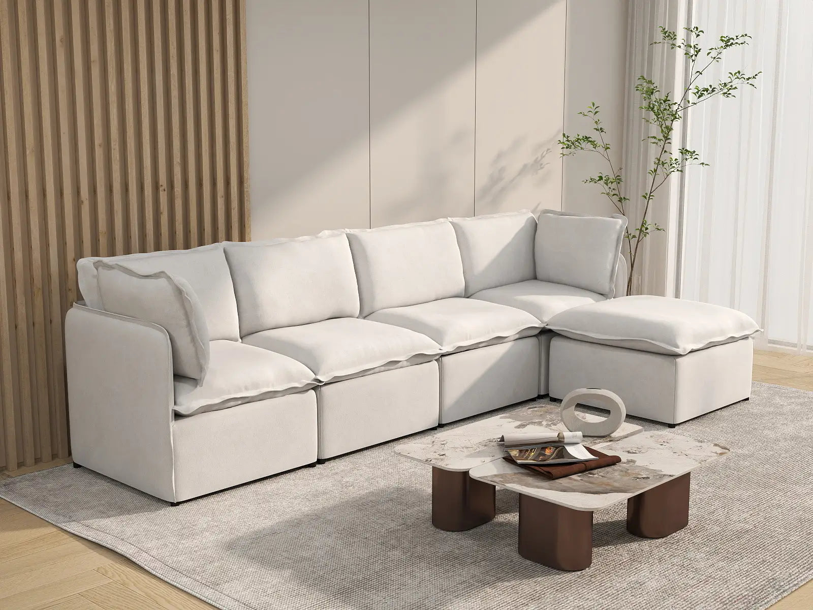 Deluxe Cloud 4-Seater Beige Large Space L-Shaped Sectional | 5-Piece (Includes 1 Ottoman), Linen Look Poly Fabric, Easy To Clean