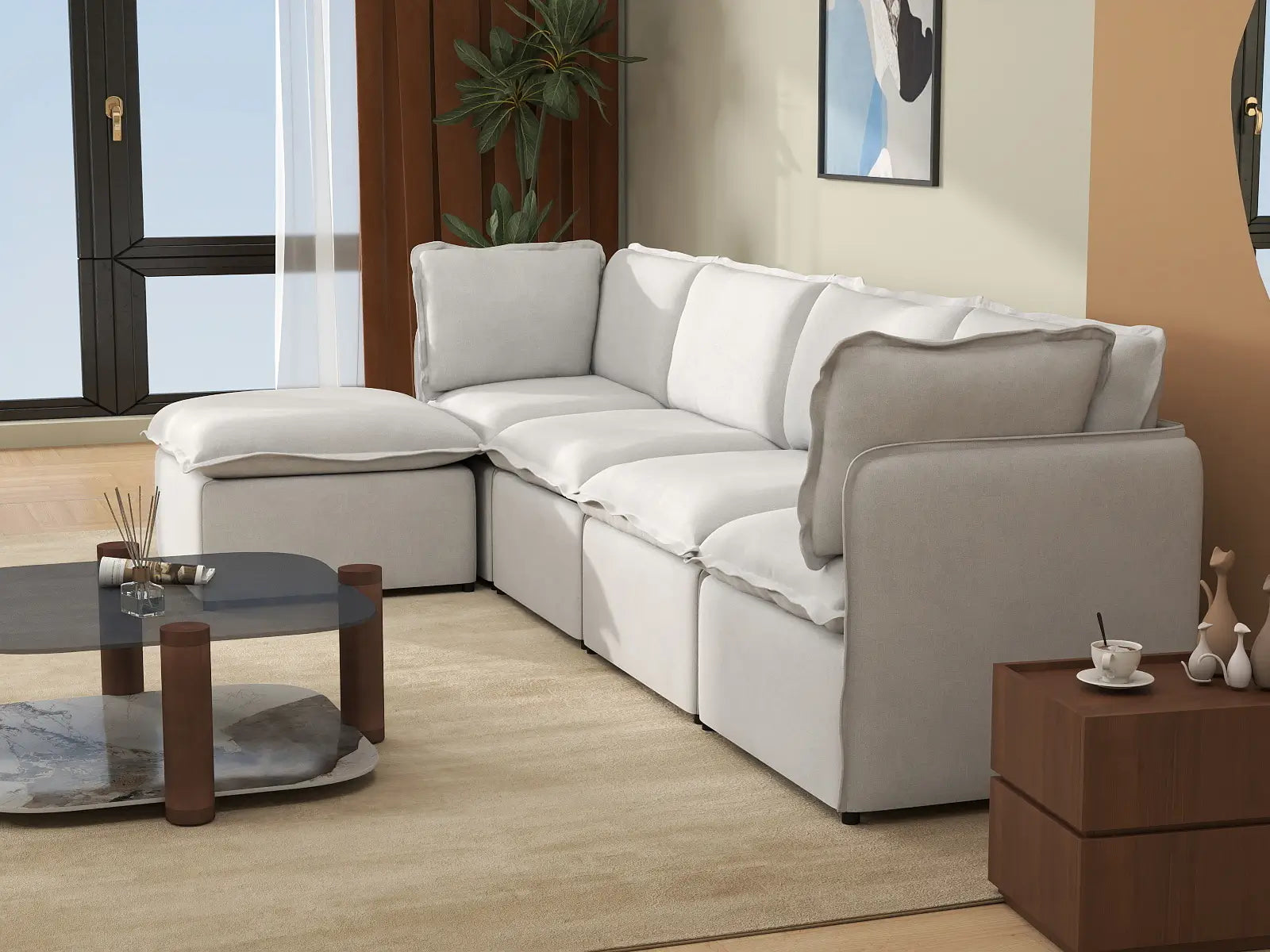 Deluxe Cloud 4-Seater Beige Large Space L-Shaped Sectional | 5-Piece (Includes 1 Ottoman), Linen Look Poly Fabric, Easy To Clean