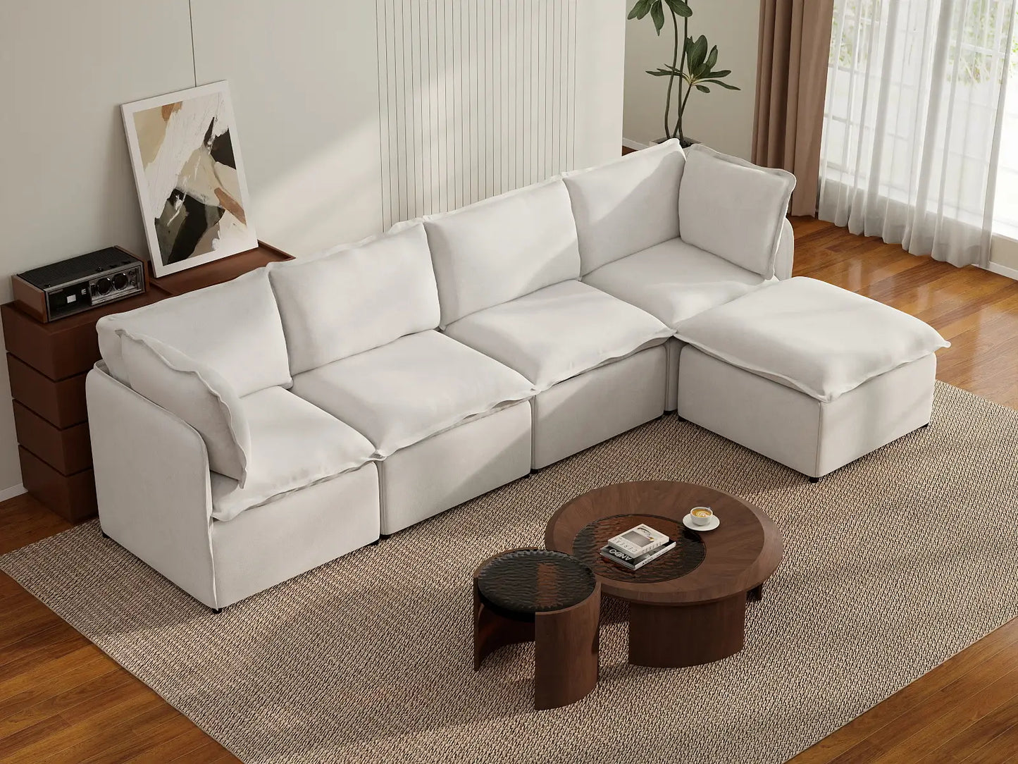 Deluxe Cloud 4-Seater Beige Large Space L-Shaped Sectional | 5-Piece (Includes 1 Ottoman), Linen Look Poly Fabric, Easy To Clean