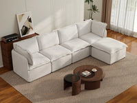 Deluxe Cloud 4-Seater Beige Large Space L-Shaped Sectional | 5-Piece (Includes 1 Ottoman), Linen Look Poly Fabric, Easy To Clean