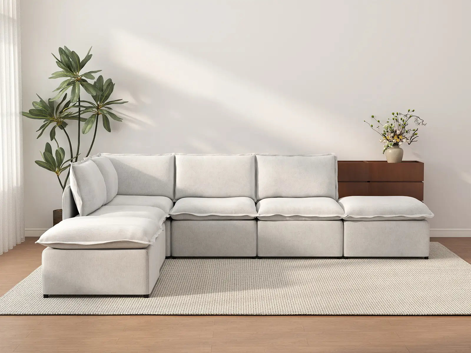 Deluxe Cloud 4-Seater Beige Large Space L-Shaped Sectional | 6-Piece (Includes 2 Ottomans), Linen Look Poly Fabric, Easy To Clean