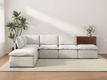 Deluxe Cloud 4-Seater Beige Large Space L-Shaped Sectional | 6-Piece (Includes 2 Ottomans), Linen Look Poly Fabric, Easy To Clean
