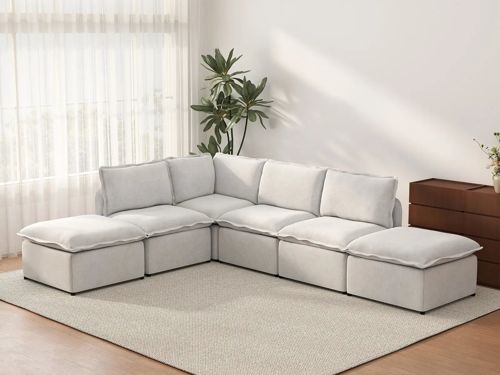 Deluxe Cloud 4-Seater Beige Large Space L-Shaped Sectional | 6-Piece (Includes 2 Ottomans), Linen Look Poly Fabric, Easy To Clean