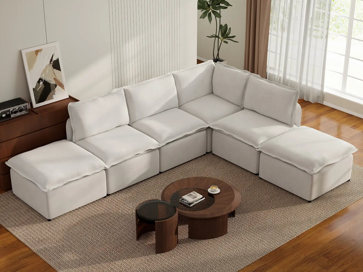 Deluxe Cloud 4-Seater Beige Large Space L-Shaped Sectional | 6-Piece (Includes 2 Ottomans), Linen Look Poly Fabric, Easy To Clean