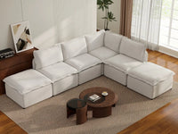 Deluxe Cloud 4-Seater Beige Large Space L-Shaped Sectional | 6-Piece (Includes 2 Ottomans), Linen Look Poly Fabric, Easy To Clean
