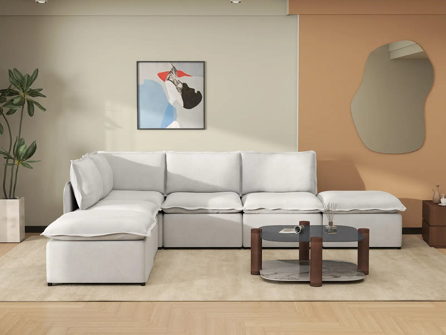 Deluxe Cloud 4-Seater Beige Large Space L-Shaped Sectional | 6-Piece (Includes 2 Ottomans), Linen Look Poly Fabric, Easy To Clean