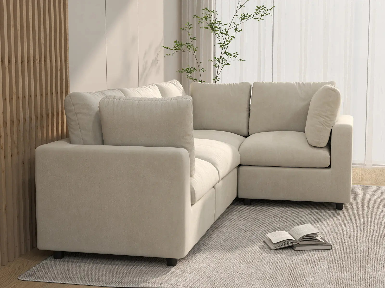 Seccional de Lujo Nube de 4 Plazas Beige Grande en Forma de L | 4 Piezas, Tela Chenilla Mezcla de Lino, Fácil de Limpiar