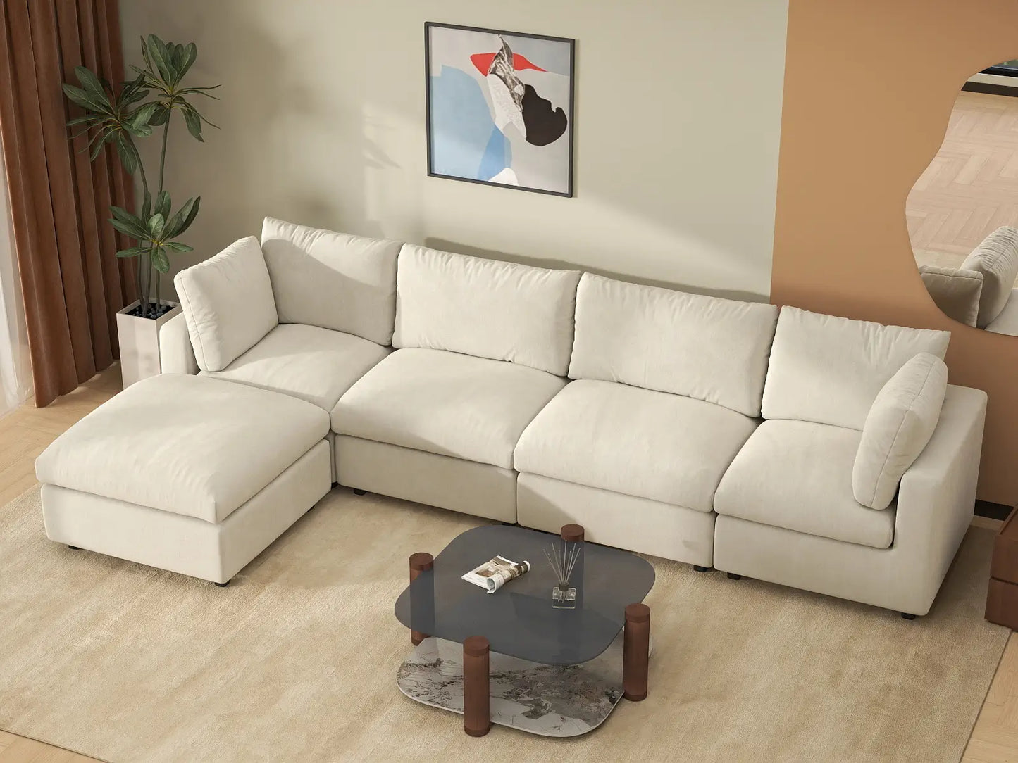 Sofá seccional de lujo en forma de L de 4 plazas en color beige para espacios grandes | 5 piezas (incluye 1 otomana), tejido de chenilla de mezcla de lino, fácil de limpiar