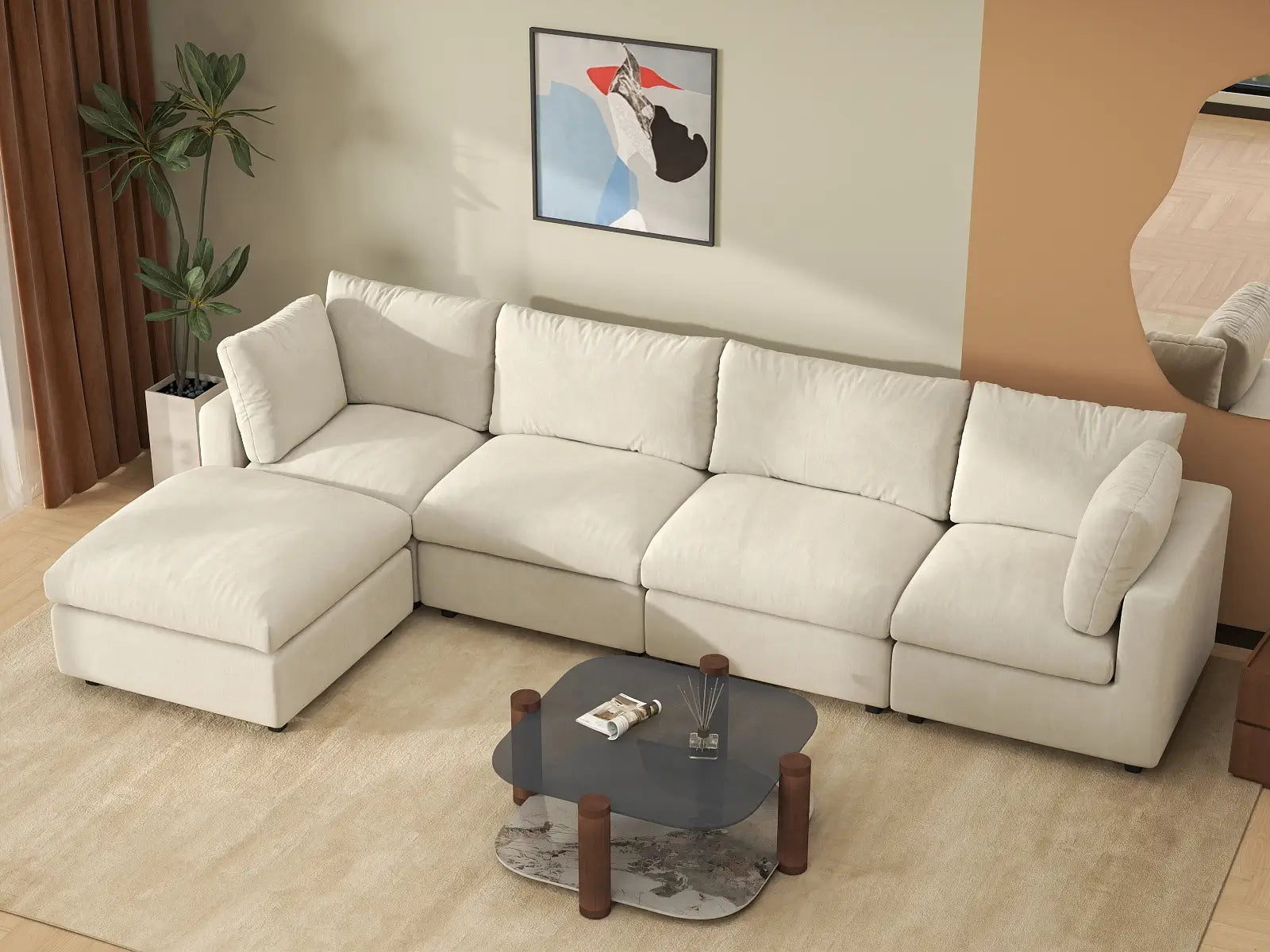 Sofá seccional de lujo en forma de L de 4 plazas en color beige para espacios grandes | 5 piezas (incluye 1 otomana), tejido de chenilla de mezcla de lino, fácil de limpiar