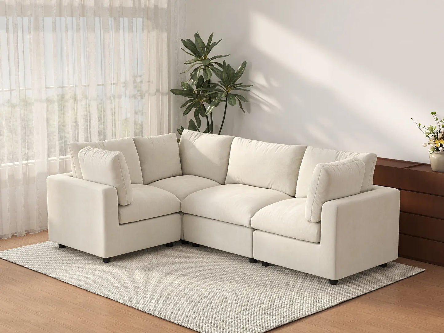 Seccional de Lujo Nube de 4 Plazas Beige Grande en Forma de L | 4 Piezas, Tela Chenilla Mezcla de Lino, Fácil de Limpiar