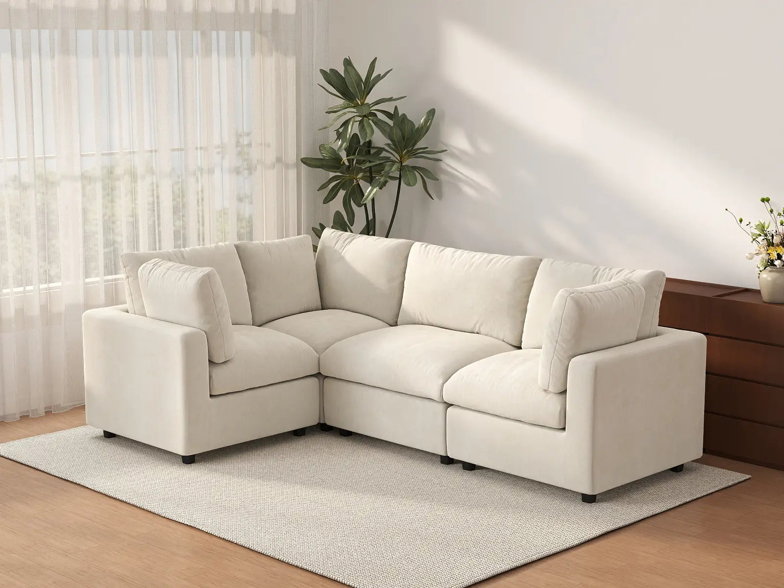 Seccional de Lujo Nube de 4 Plazas Beige Grande en Forma de L | 4 Piezas, Tela Chenilla Mezcla de Lino, Fácil de Limpiar