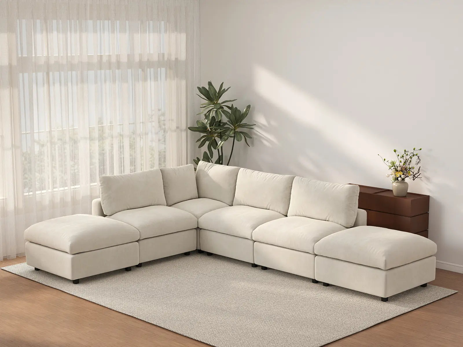 Seccional de lujo en forma de L Cloud de 4 plazas, color beige, grande, 6 piezas (incluye 2 otomanas), tela chenilla con mezcla de lino, fácil de limpiar