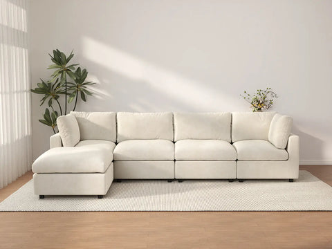 Sofá seccional de lujo en forma de L de 4 plazas en color beige para espacios grandes | 5 piezas (incluye 1 otomana), tejido de chenilla de mezcla de lino, fácil de limpiar