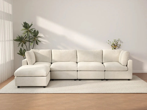 Sofá seccional de lujo en forma de L de 4 plazas en color beige para espacios grandes | 5 piezas (incluye 1 otomana), tejido de chenilla de mezcla de lino, fácil de limpiar