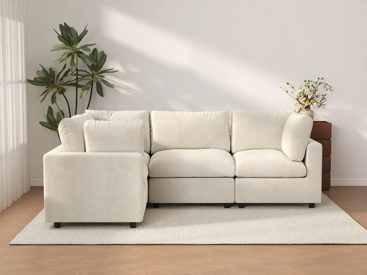 Seccional de Lujo Nube de 4 Plazas Beige Grande en Forma de L | 4 Piezas, Tela Chenilla Mezcla de Lino, Fácil de Limpiar