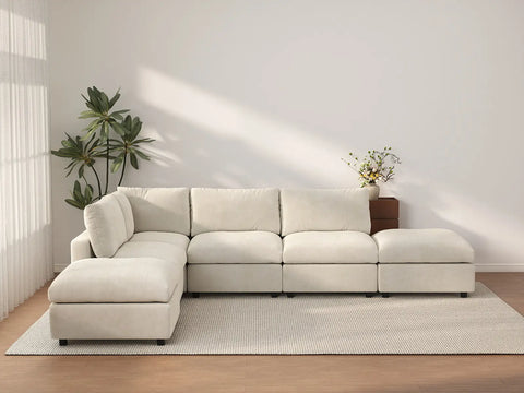 Seccional de lujo en forma de L Cloud de 4 plazas, color beige, grande, 6 piezas (incluye 2 otomanas), tela chenilla con mezcla de lino, fácil de limpiar