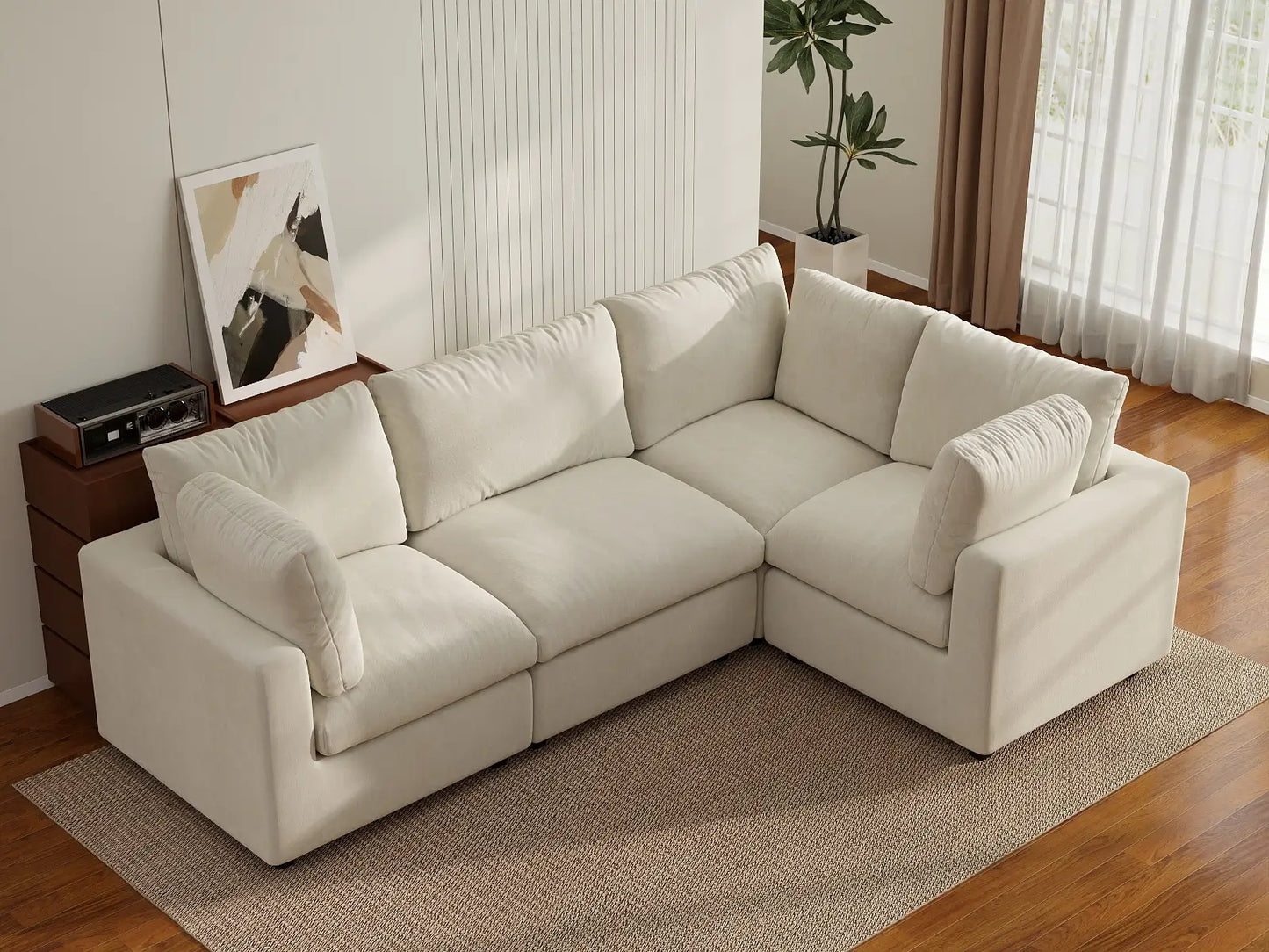 Seccional de Lujo Nube de 4 Plazas Beige Grande en Forma de L | 4 Piezas, Tela Chenilla Mezcla de Lino, Fácil de Limpiar