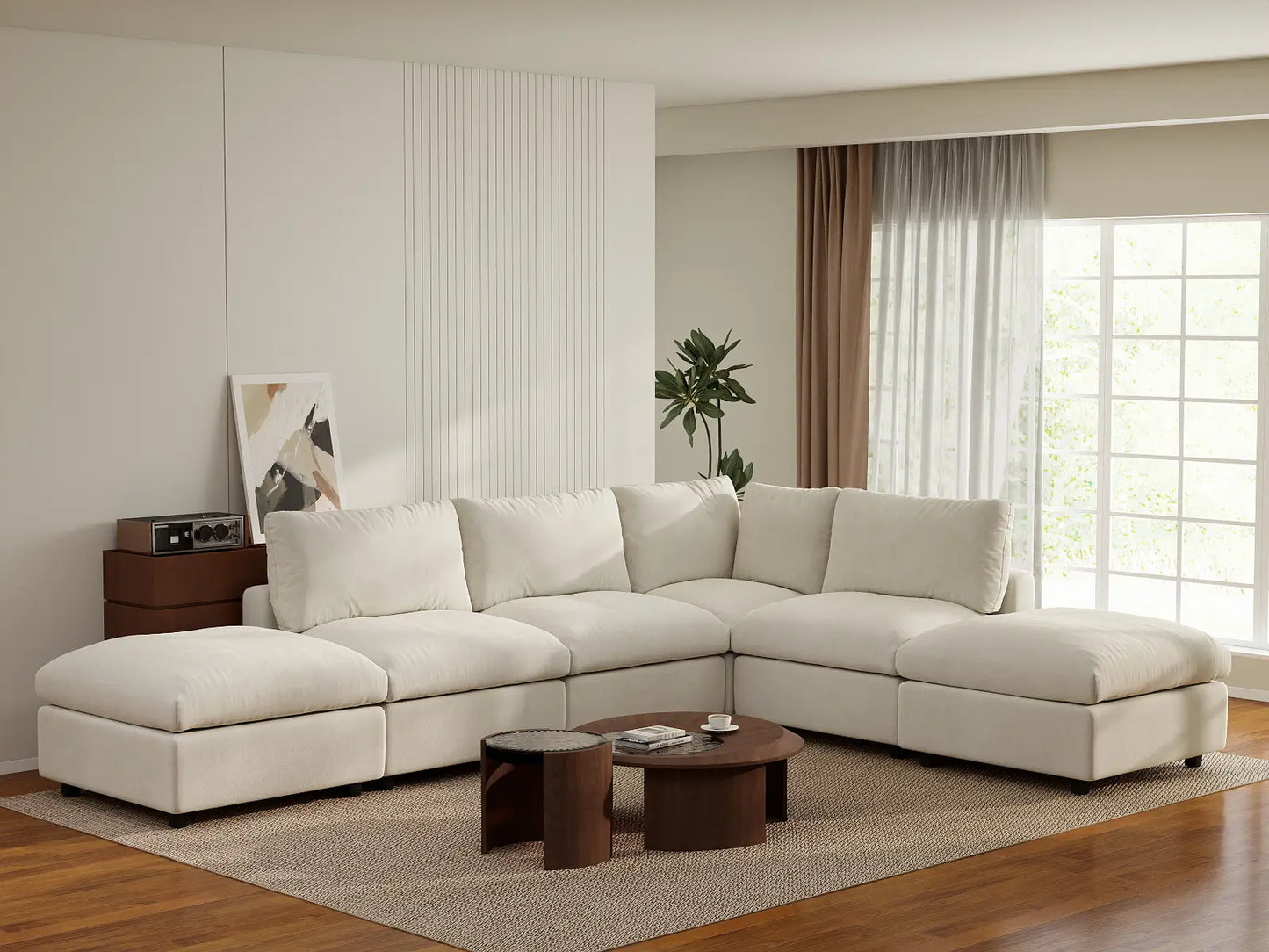 Seccional de lujo en forma de L Cloud de 4 plazas, color beige, grande, 6 piezas (incluye 2 otomanas), tela chenilla con mezcla de lino, fácil de limpiar