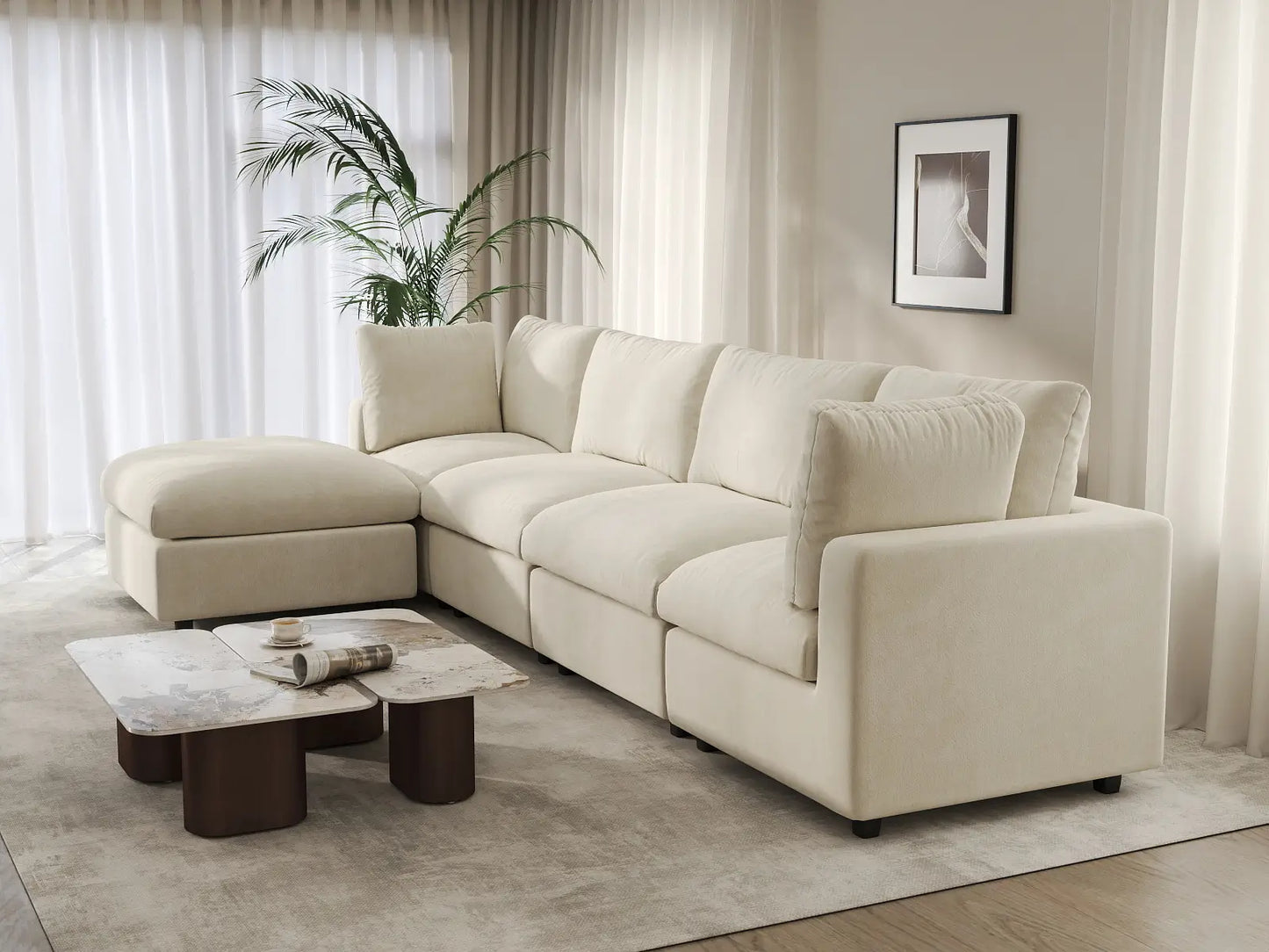 Sofá seccional de lujo en forma de L de 4 plazas en color beige para espacios grandes | 5 piezas (incluye 1 otomana), tejido de chenilla de mezcla de lino, fácil de limpiar