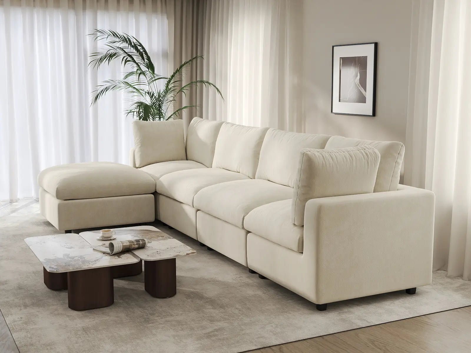 Sofá seccional de lujo en forma de L de 4 plazas en color beige para espacios grandes | 5 piezas (incluye 1 otomana), tejido de chenilla de mezcla de lino, fácil de limpiar
