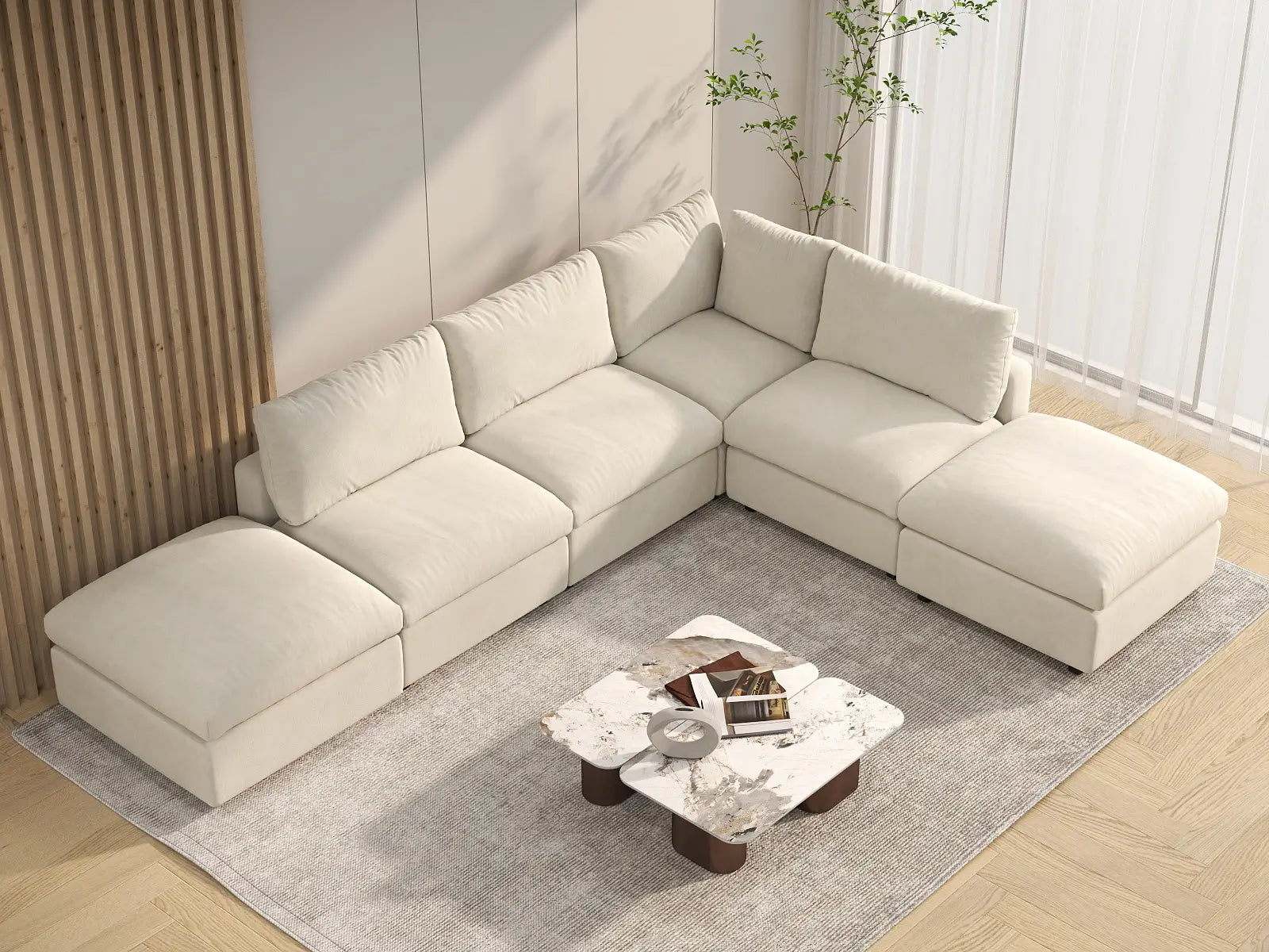 Seccional de lujo en forma de L Cloud de 4 plazas, color beige, grande, 6 piezas (incluye 2 otomanas), tela chenilla con mezcla de lino, fácil de limpiar