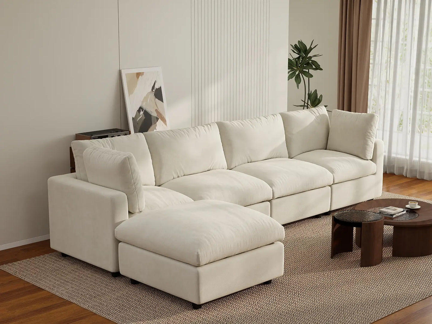 Sofá seccional de lujo en forma de L de 4 plazas en color beige para espacios grandes | 5 piezas (incluye 1 otomana), tejido de chenilla de mezcla de lino, fácil de limpiar