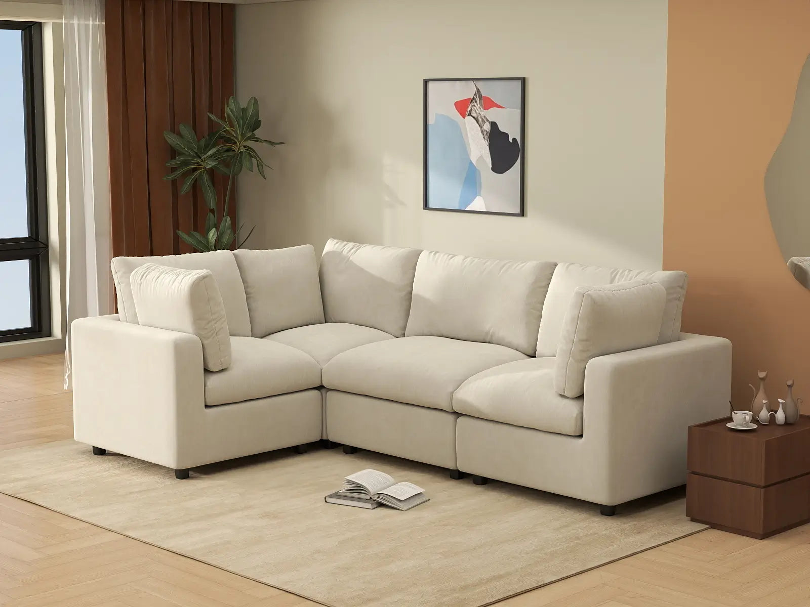 Seccional de Lujo Nube de 4 Plazas Beige Grande en Forma de L | 4 Piezas, Tela Chenilla Mezcla de Lino, Fácil de Limpiar