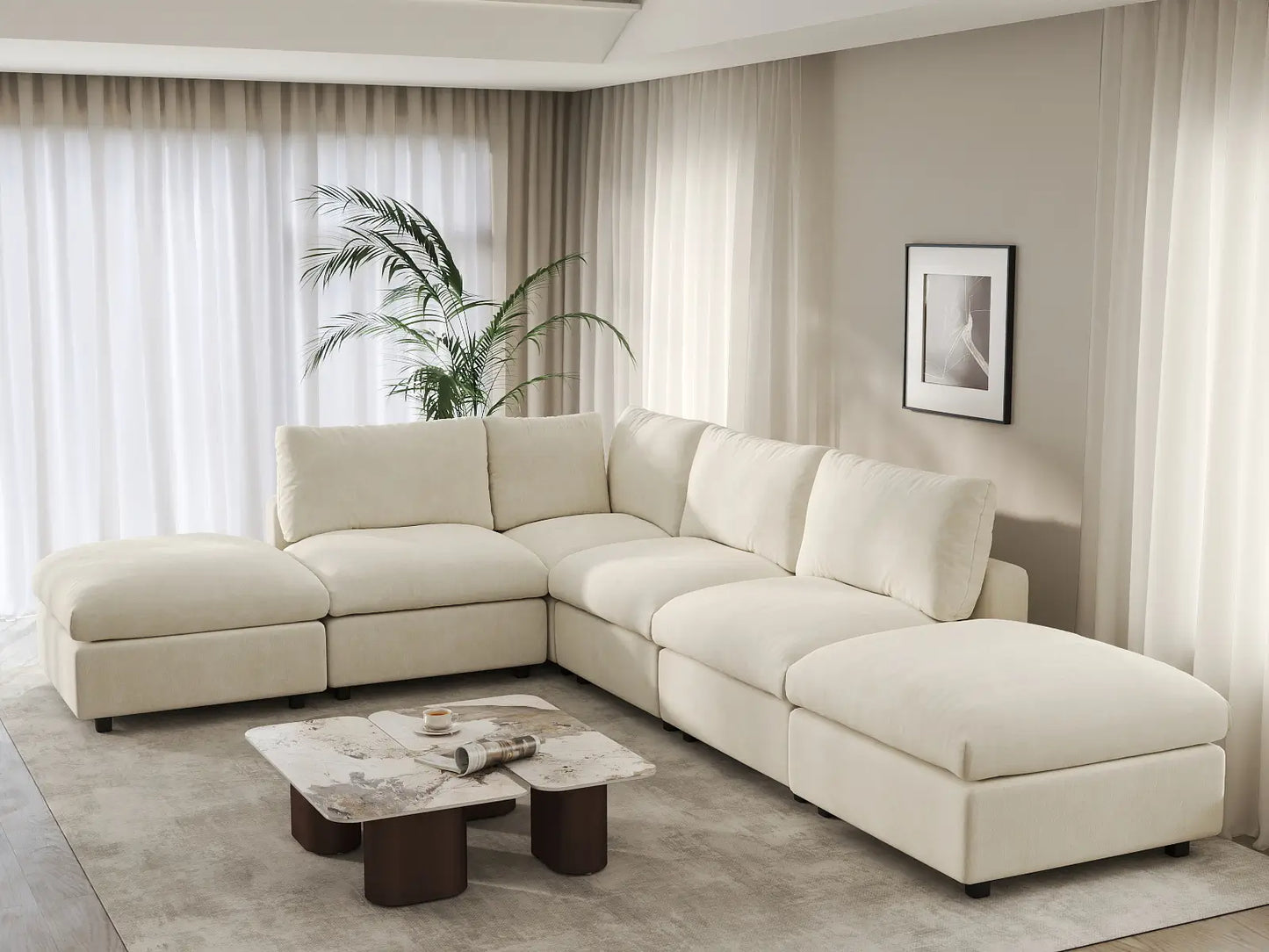 Seccional de lujo en forma de L Cloud de 4 plazas, color beige, grande, 6 piezas (incluye 2 otomanas), tela chenilla con mezcla de lino, fácil de limpiar