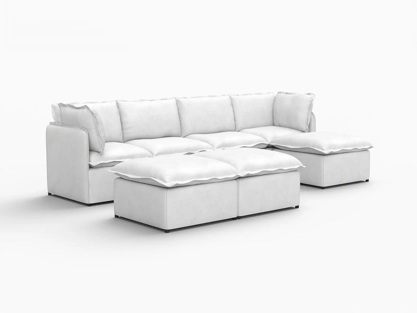 Deluxe Cloud 4-Seater Beige Large Space Sofa Set | 7-Piece (Includes 3 Ottomans), Linen Look Poly Fabric, Easy To Clean