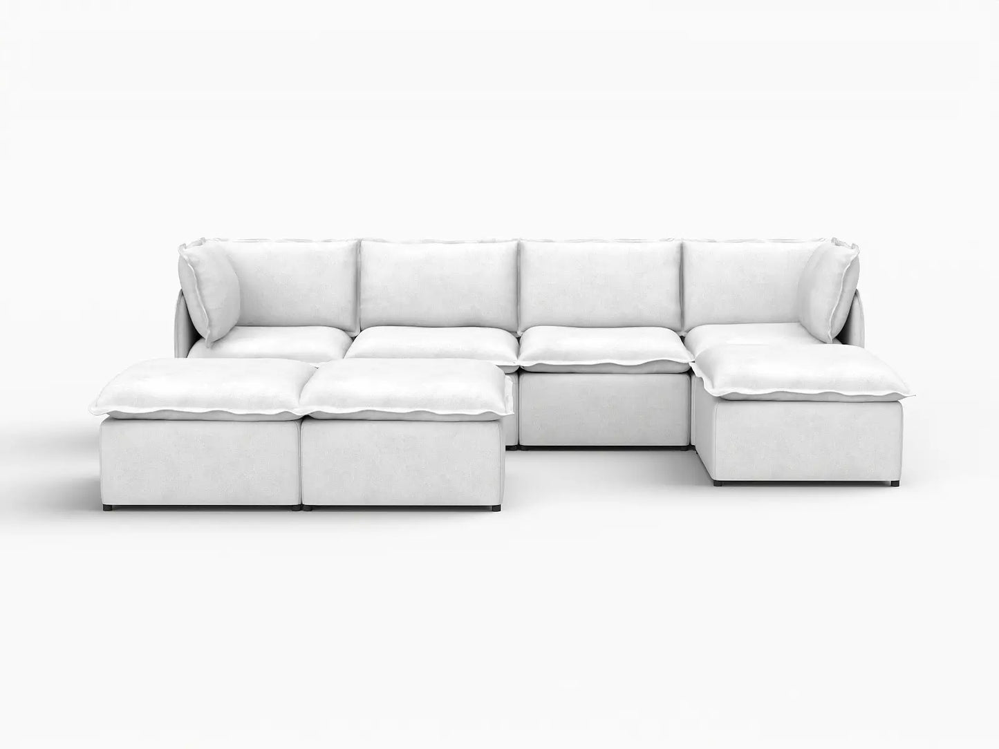 Deluxe Cloud 4-Seater Beige Large Space Sofa Set | 7-Piece (Includes 3 Ottomans), Linen Look Poly Fabric, Easy To Clean