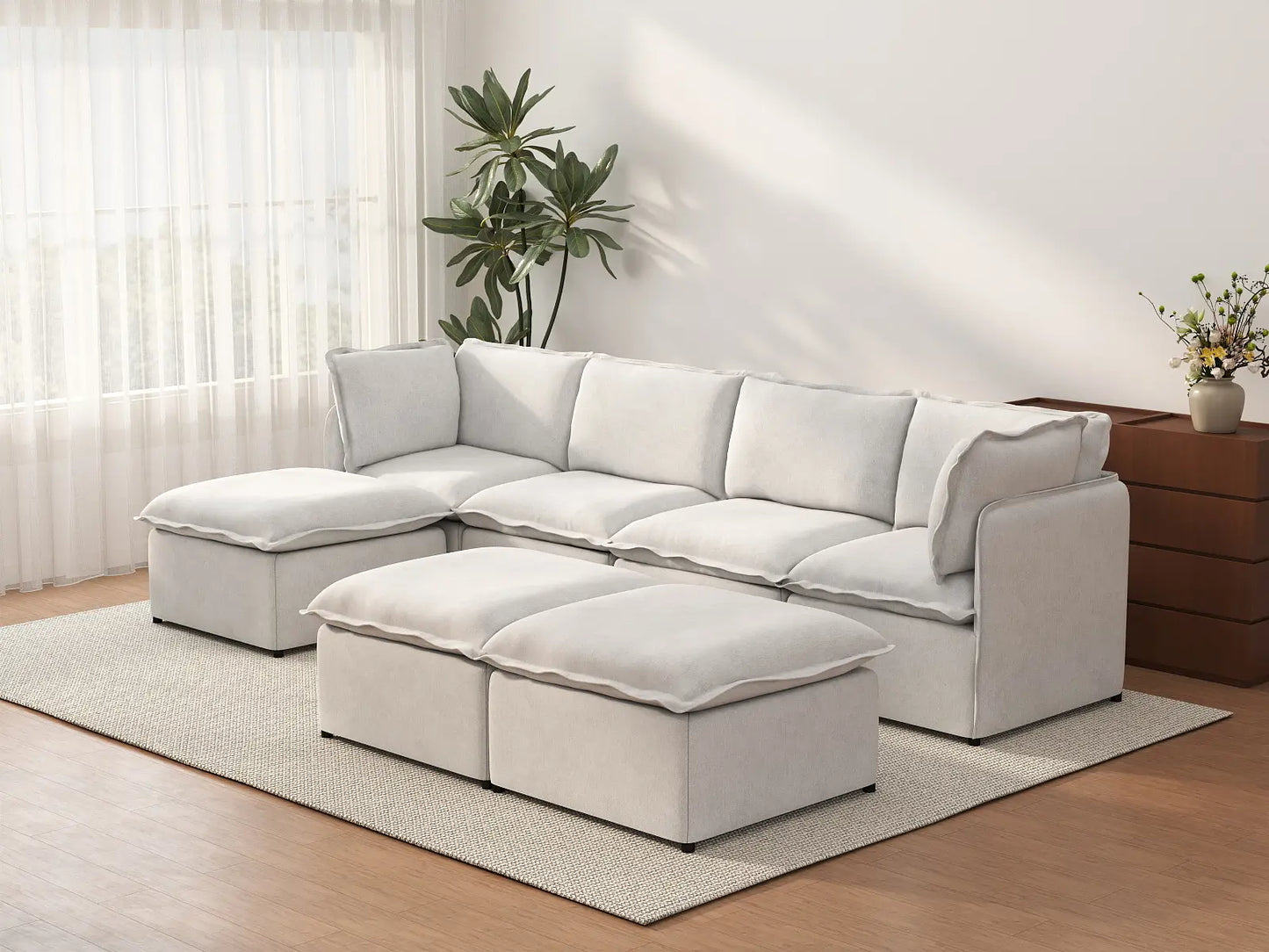 Deluxe Cloud 4-Seater Beige Large Space Sofa Set | 7-Piece (Includes 3 Ottomans), Linen Look Poly Fabric, Easy To Clean