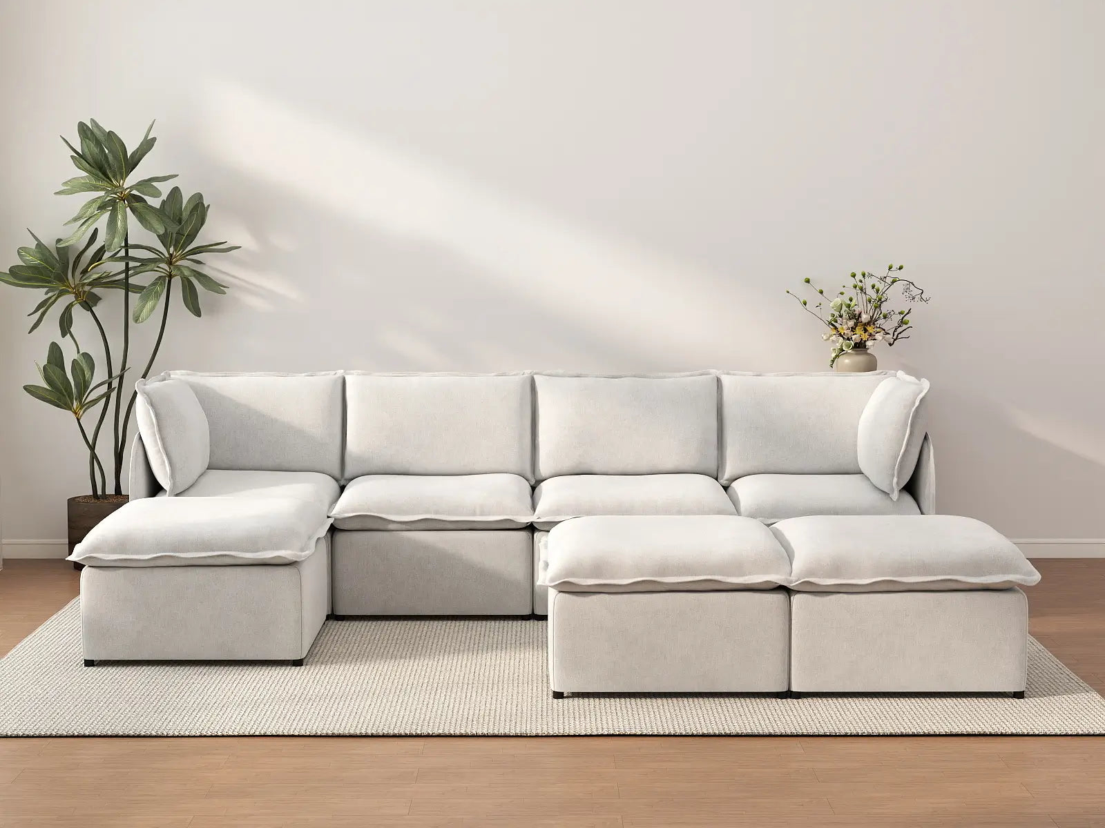 Deluxe Cloud 4-Seater Beige Large Space Sofa Set | 7-Piece (Includes 3 Ottomans), Linen Look Poly Fabric, Easy To Clean