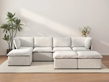 Deluxe Cloud 4-Seater Beige Large Space Sofa Set | 7-Piece (Includes 3 Ottomans), Linen Look Poly Fabric, Easy To Clean
