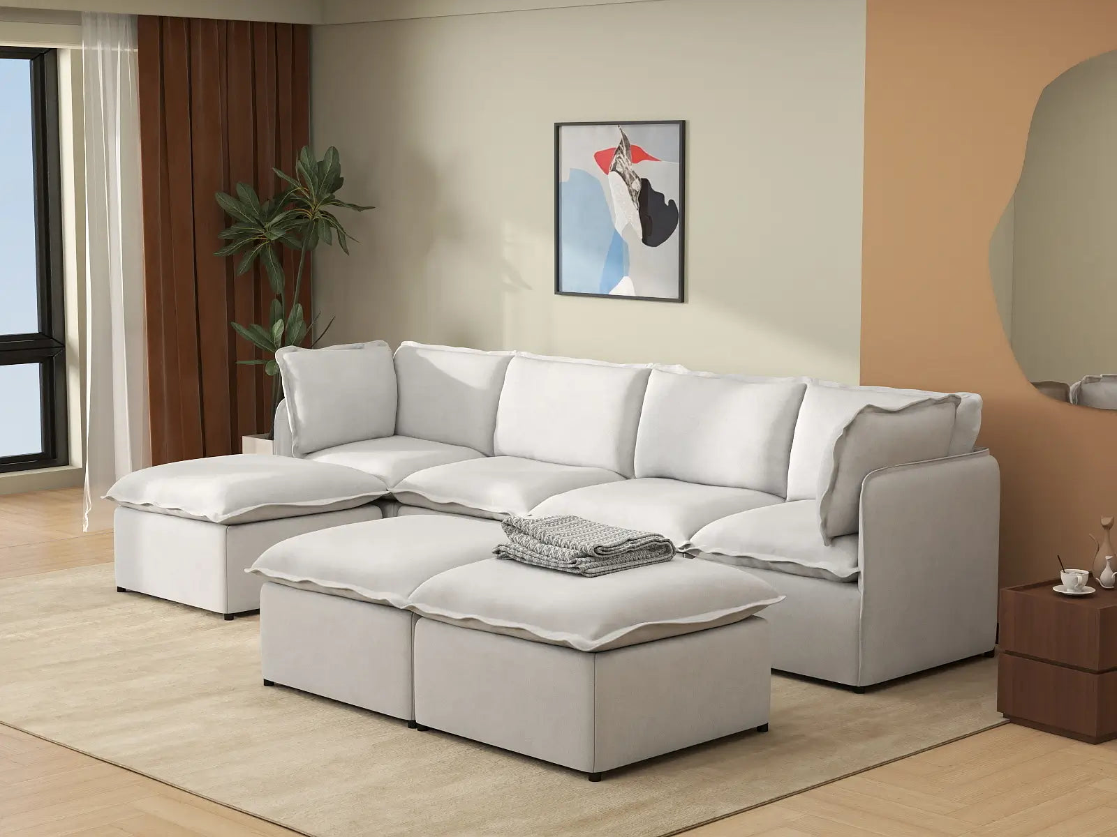 Deluxe Cloud 4-Seater Beige Large Space Sofa Set | 7-Piece (Includes 3 Ottomans), Linen Look Poly Fabric, Easy To Clean