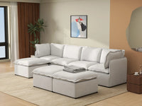 Deluxe Cloud 4-Seater Beige Large Space Sofa Set | 7-Piece (Includes 3 Ottomans), Linen Look Poly Fabric, Easy To Clean