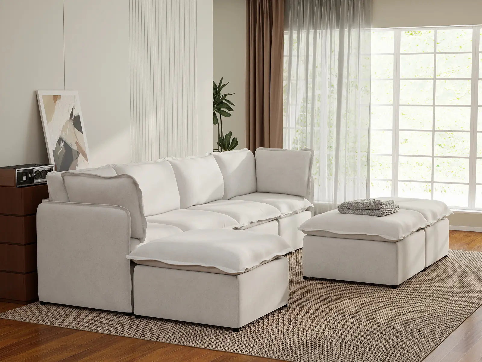 Deluxe Cloud 4-Seater Beige Large Space Sofa Set | 7-Piece (Includes 3 Ottomans), Linen Look Poly Fabric, Easy To Clean
